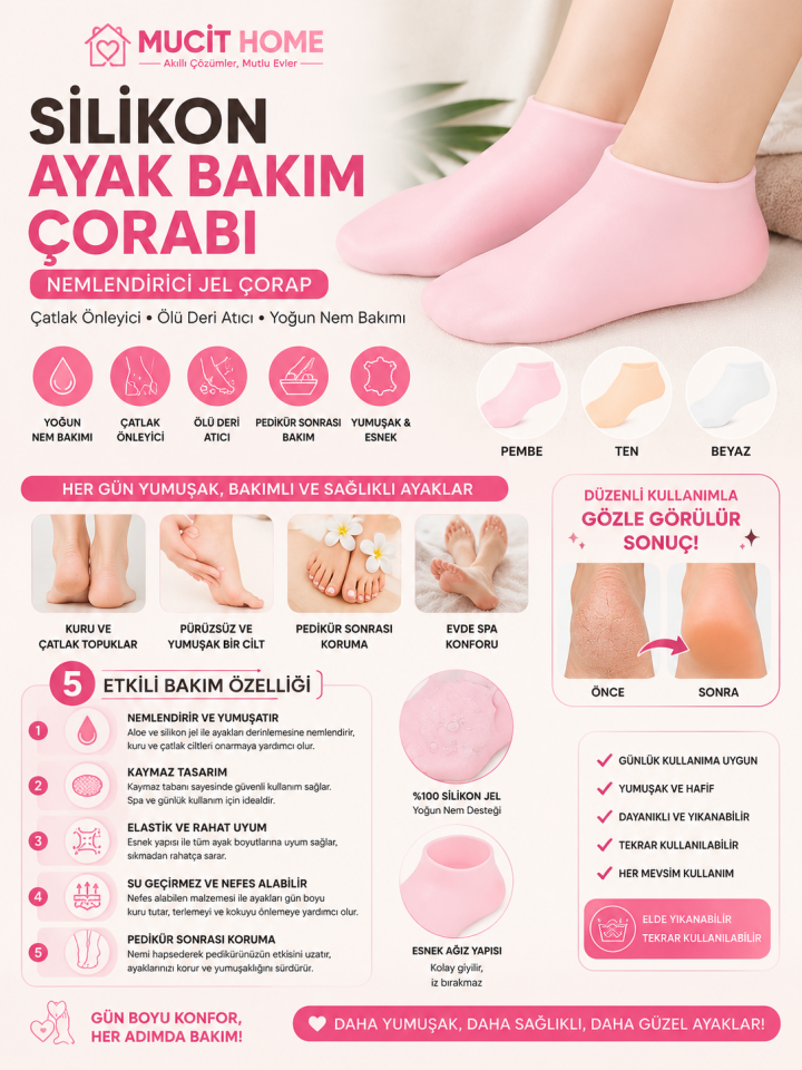 Mucit Home Silikon Ayak Bakım Çorabı Nemlendirici Jel Çorap Çatlak Önleyici Ölü Deri Atıcı Çorap Ayak Bakımı