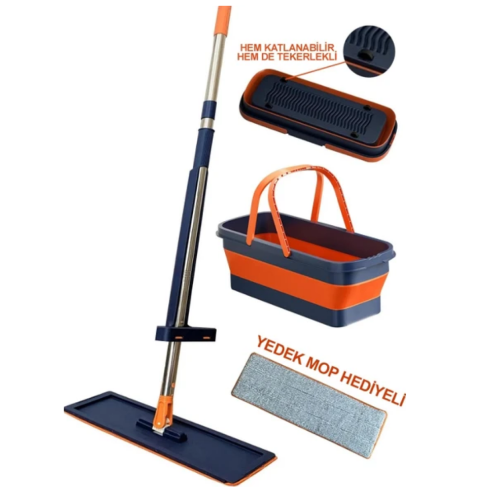 Mucit Home Kendinden Sıkmalı Mop & Tekerlekli Katlanabilir Kova Seti + Yedek Bez