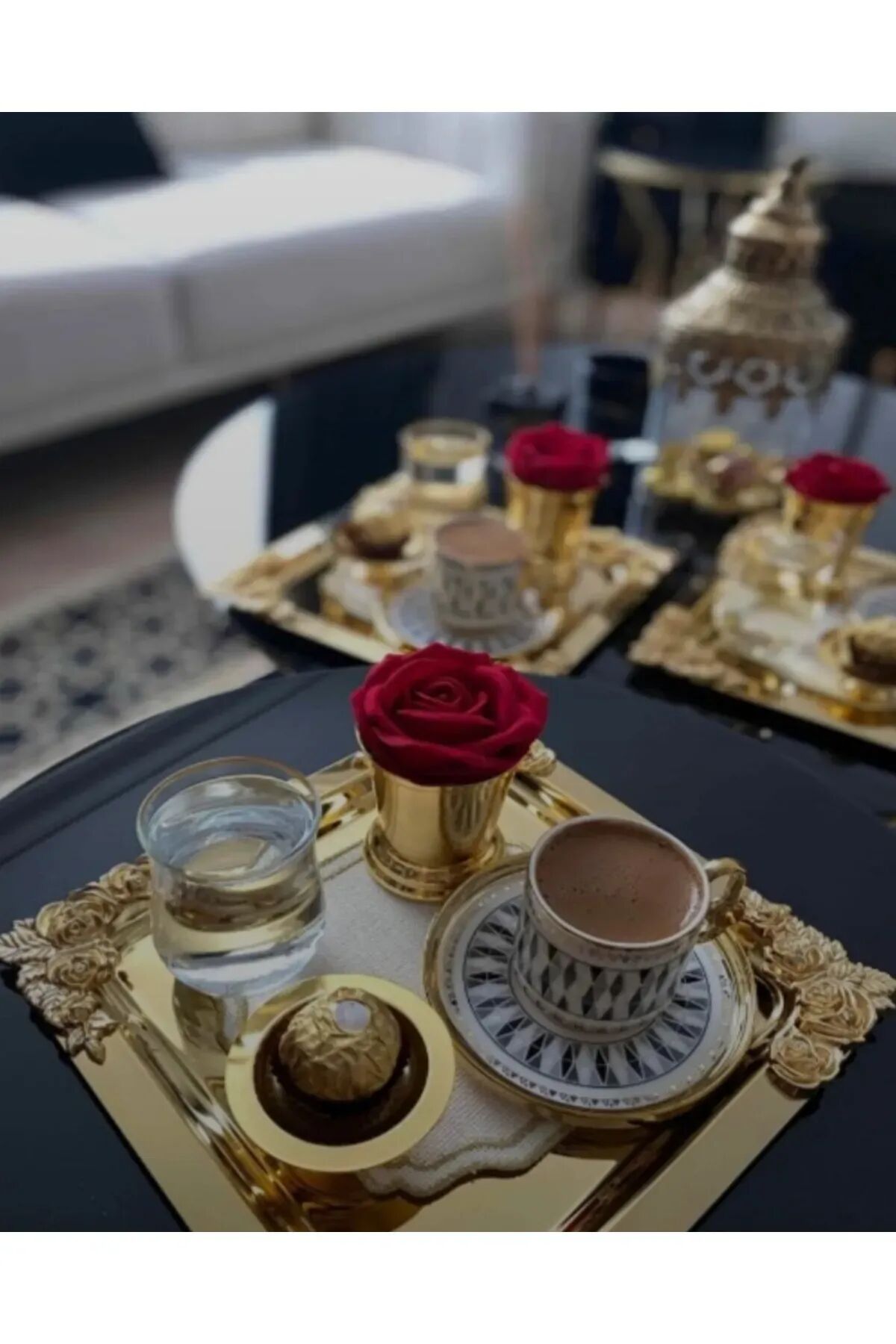 Mucit Home  Komple Gold Detaylı 18/10 Çelik Kahve Sunum Tepsisi 4 Adet