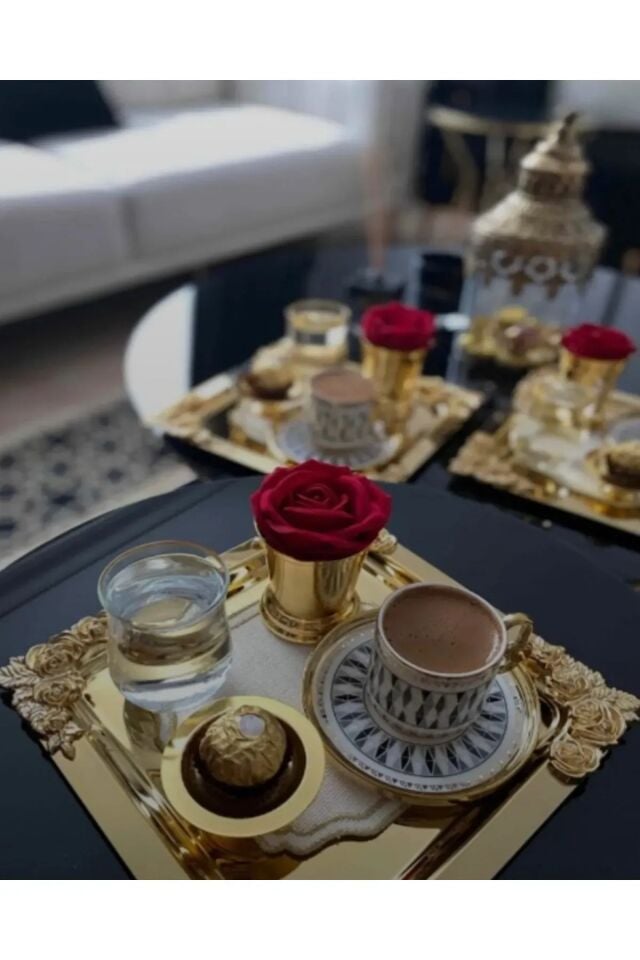Mucit Home  Komple Gold Detaylı 18/10 Çelik Kahve Sunum Tepsisi 4 Adet