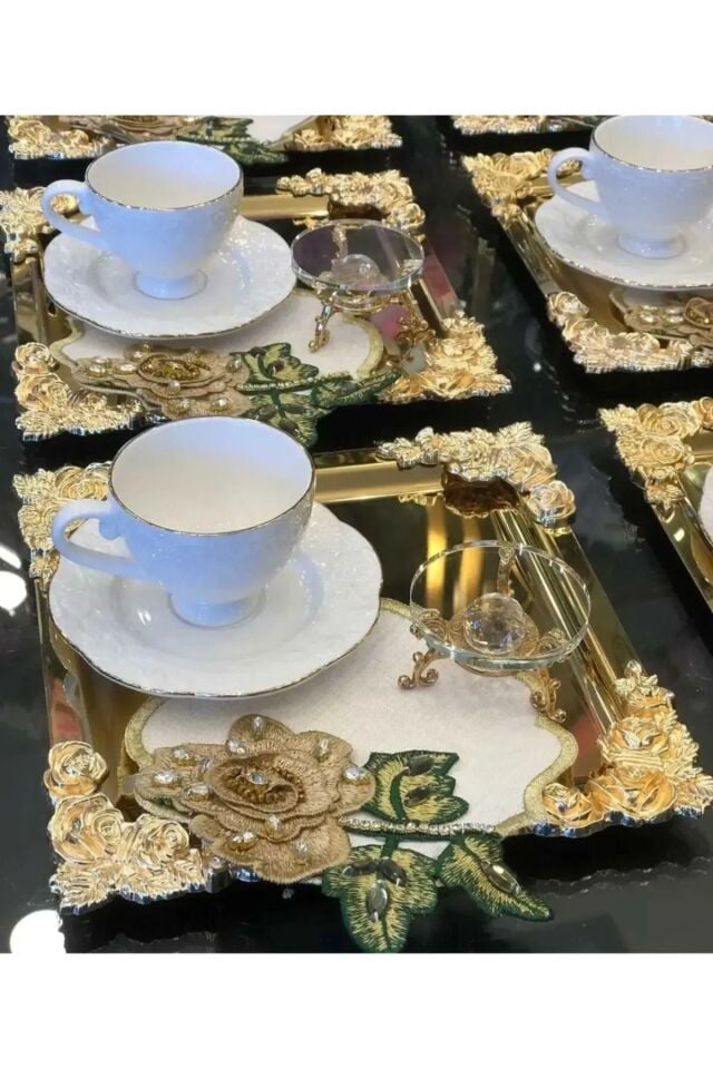 Mucit Home  Komple Gold Detaylı 18/10 Çelik Kahve Sunum Tepsisi 4 Adet