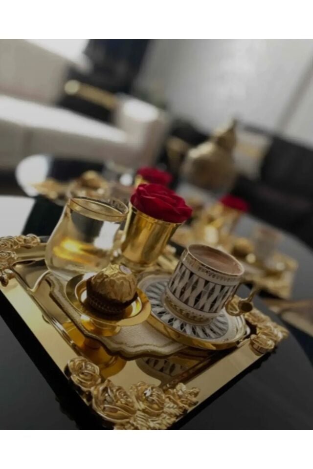 Mucit Home  Komple Gold Detaylı 18/10 Çelik Kahve Sunum Tepsisi 4 Adet