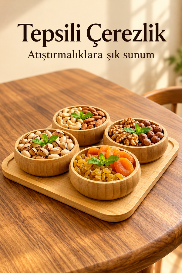 Mucit Home 4'lü Doğal Bambu 4'lü Yuvarlak Bölmeli Çerezlik Seti Sunumluk Servis Tabağı Atıştırmalık Kase