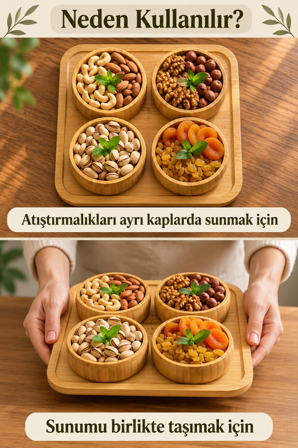 Mucit Home 4'lü Doğal Bambu 4'lü Yuvarlak Bölmeli Çerezlik Seti Sunumluk Servis Tabağı Atıştırmalık Kase