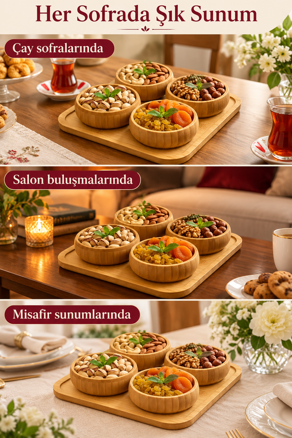 Mucit Home 4'lü Doğal Bambu 4'lü Yuvarlak Bölmeli Çerezlik Seti Sunumluk Servis Tabağı Atıştırmalık Kase