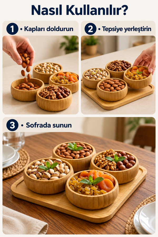 Mucit Home 4'lü Doğal Bambu 4'lü Yuvarlak Bölmeli Çerezlik Seti Sunumluk Servis Tabağı Atıştırmalık Kase