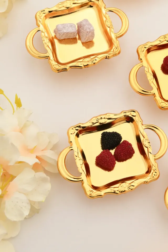 Mini Kulplu Kare Model Ayaklı lokumluk 6'lı Takım Gold