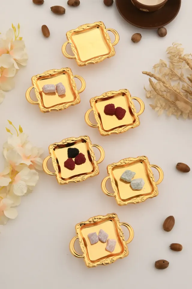 Mini Kulplu Kare Model Ayaklı lokumluk 6'lı Takım Gold