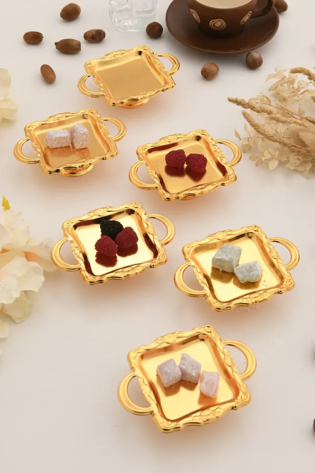 Mini Kulplu Kare Model Ayaklı lokumluk 6'lı Takım Gold