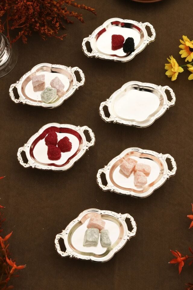 Mucit Home Gümüş Mini Kulplu Oval Model Ayaklı Lokumluk 6'lı Takım