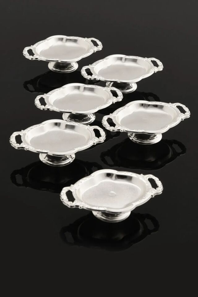 Mucit Home Gümüş Mini Kulplu Oval Model Ayaklı Lokumluk 6'lı Takım