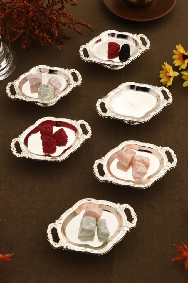 Mucit Home Gümüş Mini Kulplu Oval Model Ayaklı Lokumluk 6'lı Takım