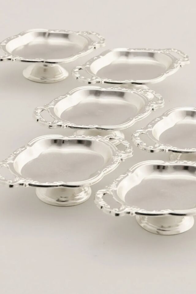 Mucit Home Gümüş Mini Kulplu Oval Model Ayaklı Lokumluk 6'lı Takım