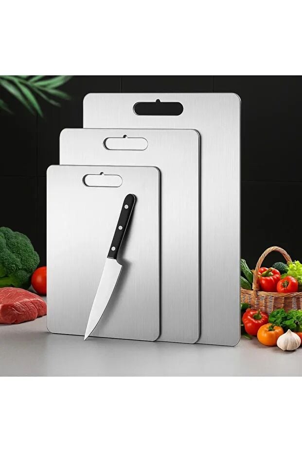 Mucit Home 3'lü Paslanmaz Çelik Antibakteriyel Kesme Tahtası Setii
