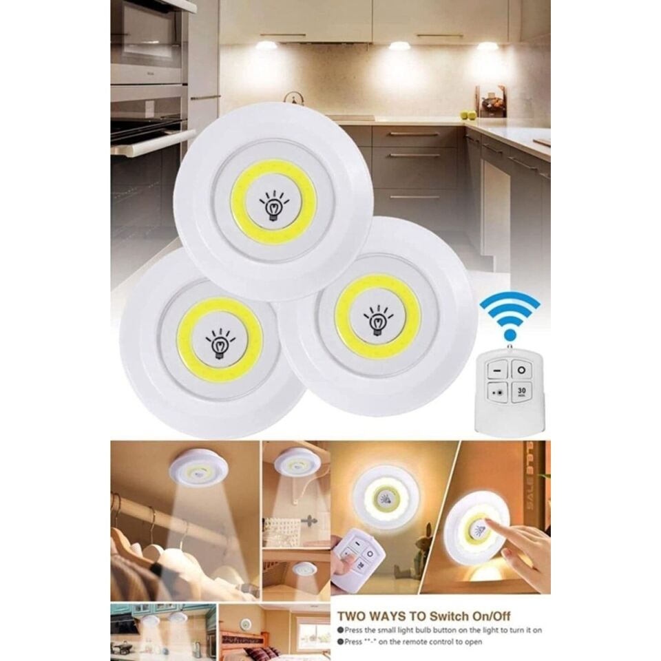 Uzaktan Kumandalı Yapışkanlı Kablosuz Pilli LED 3'lü Spot Lamba Spot LED