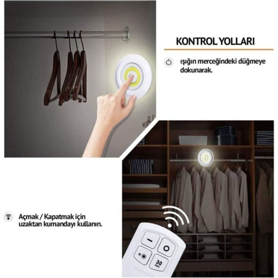 Uzaktan Kumandalı Yapışkanlı Kablosuz Pilli LED 3'lü Spot Lamba Spot LED