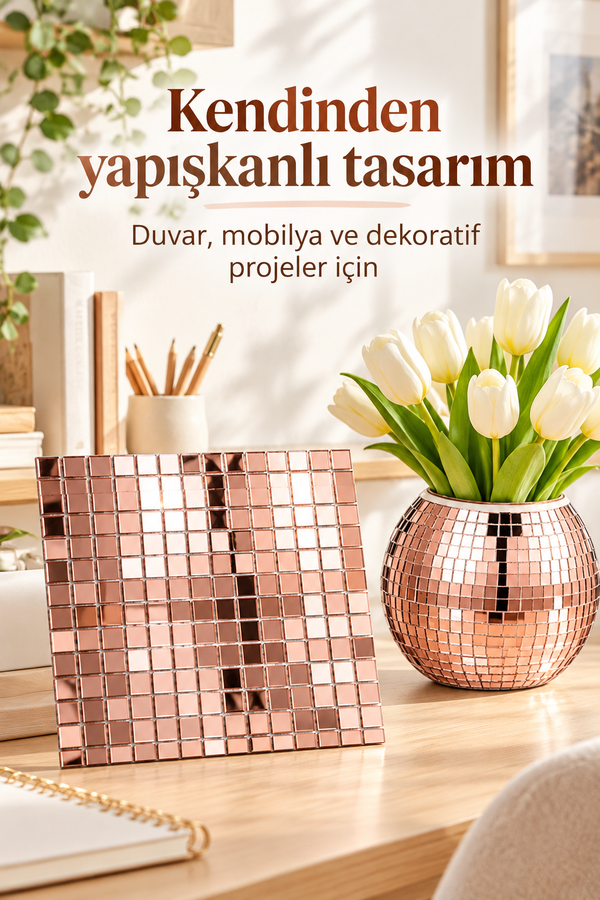 Mucit Home Kare BRONZ Cam Mozaik Sehpa Paneli Fayans Çıkartmaları El İşi Kare Cam Kendinden Yapışan