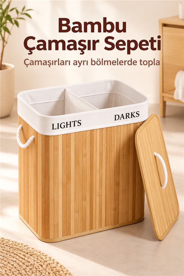 Mucit Home İki Bölmeli Bambu Naturel Çamaşır Sepeti - Mega Katlanabilir Çamaşır Sepeti
