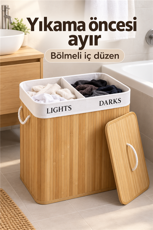 Mucit Home İki Bölmeli Bambu Naturel Çamaşır Sepeti - Mega Katlanabilir Çamaşır Sepeti