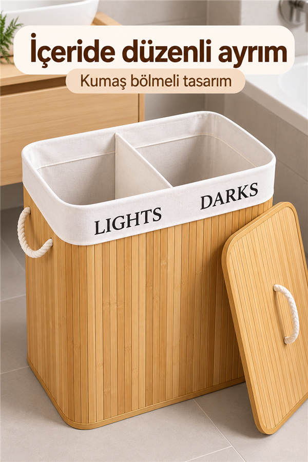 Mucit Home İki Bölmeli Bambu Naturel Çamaşır Sepeti - Mega Katlanabilir Çamaşır Sepeti