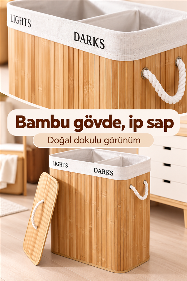 Mucit Home İki Bölmeli Bambu Naturel Çamaşır Sepeti - Mega Katlanabilir Çamaşır Sepeti
