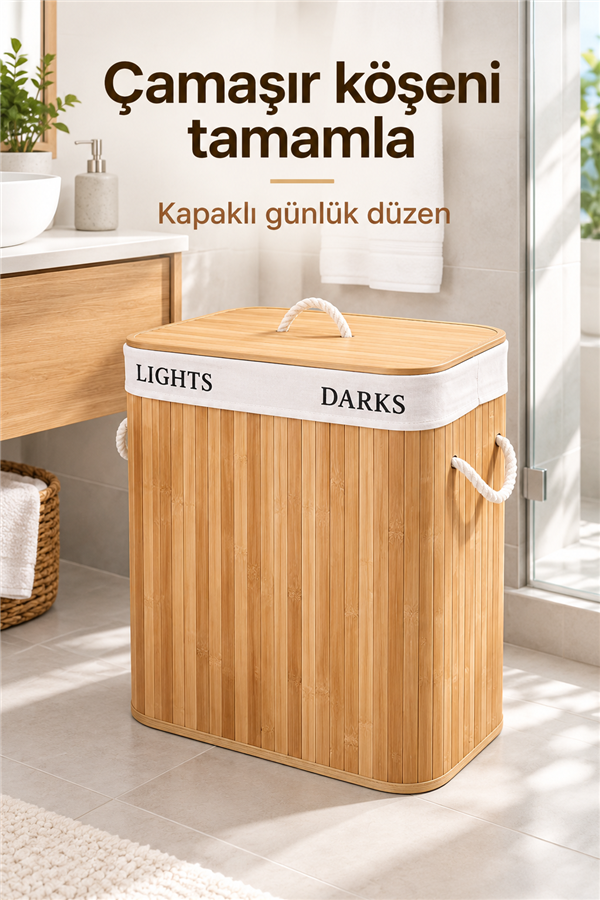 Mucit Home İki Bölmeli Bambu Naturel Çamaşır Sepeti - Mega Katlanabilir Çamaşır Sepeti