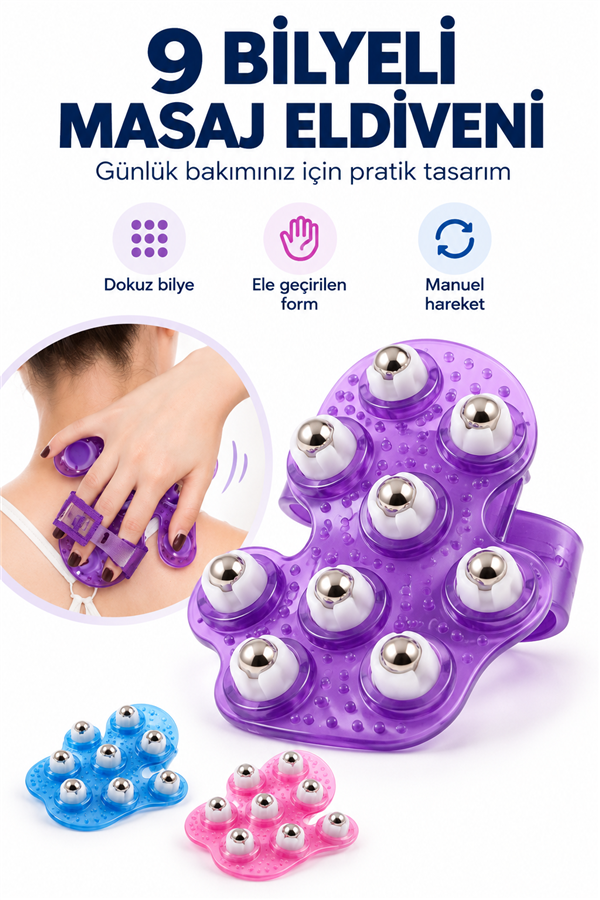 Mucit Home 9 Bilyeli Vücut Masaj Eldiveni – Boyun, Bacak, Kalça ve Vücut Bakımı İçin Manuel Masaj Aparatı