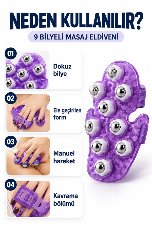 Mucit Home 9 Bilyeli Vücut Masaj Eldiveni – Boyun, Bacak, Kalça ve Vücut Bakımı İçin Manuel Masaj Aparatı