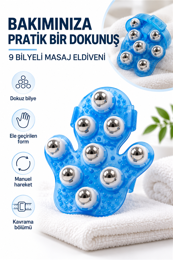 Mucit Home 9 Bilyeli Vücut Masaj Eldiveni – Boyun, Bacak, Kalça ve Vücut Bakımı İçin Manuel Masaj Aparatı