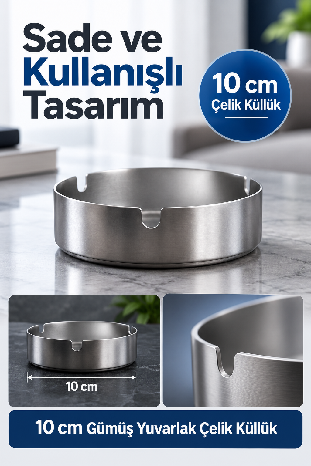 Mucit Home Gümüş Renk Yuvarlak Çelik Küllük 10 cm