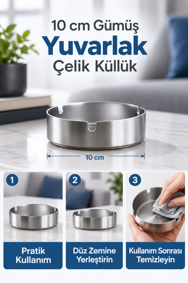 Mucit Home Gümüş Renk Yuvarlak Çelik Küllük 10 cm