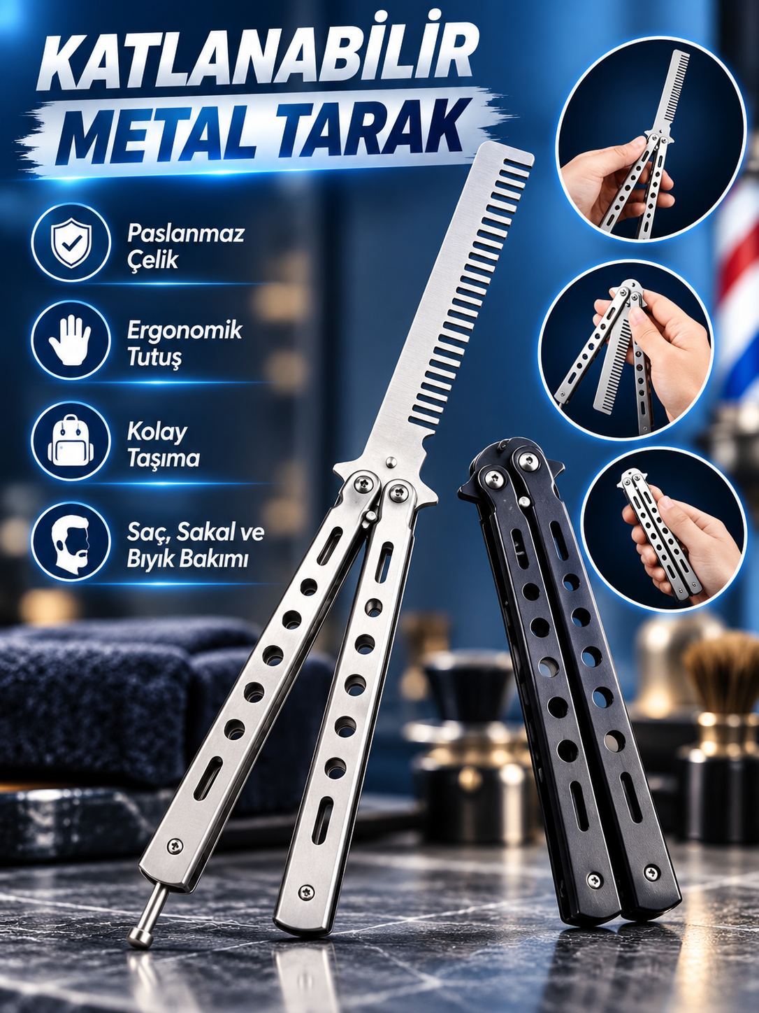 Mucit Home Katlanabilir Paslanmaz Çelik Tarak Sakal Bıyık Fırçası Profesyonel Saç Kesimi İçin Tarak