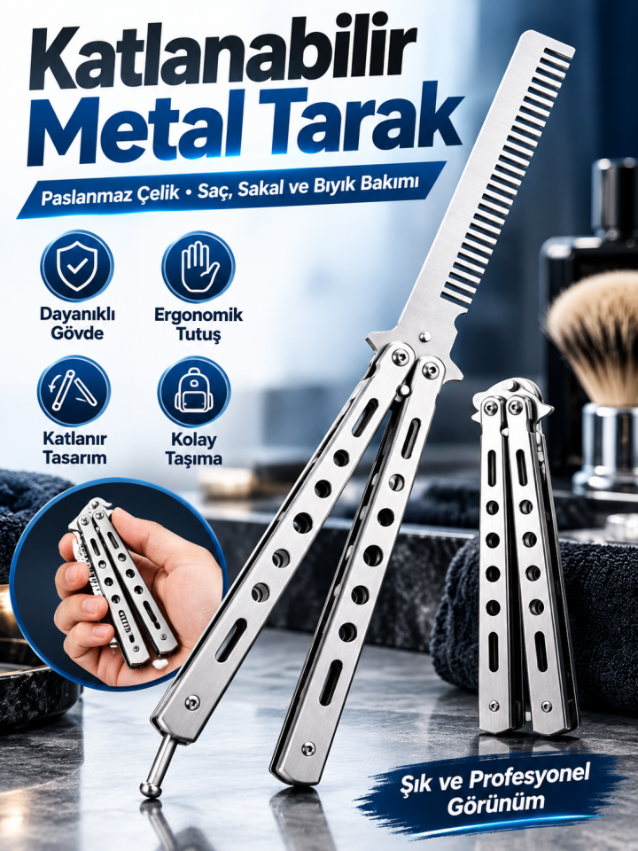 Mucit Home Katlanabilir Paslanmaz Çelik Tarak Sakal Bıyık Fırçası Profesyonel Saç Kesimi İçin Tarak