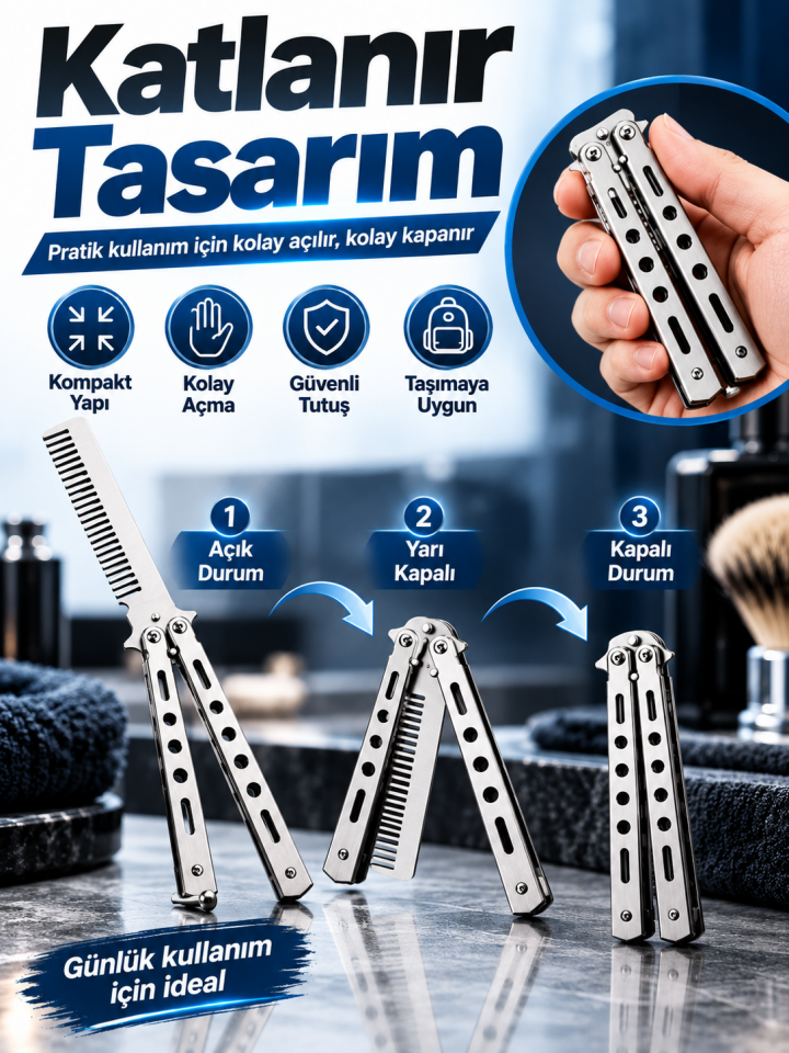 Mucit Home Katlanabilir Paslanmaz Çelik Tarak Sakal Bıyık Fırçası Profesyonel Saç Kesimi İçin Tarak