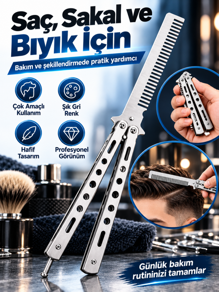 Mucit Home Katlanabilir Paslanmaz Çelik Tarak Sakal Bıyık Fırçası Profesyonel Saç Kesimi İçin Tarak
