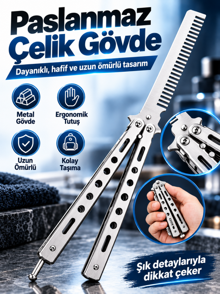Mucit Home Katlanabilir Paslanmaz Çelik Tarak Sakal Bıyık Fırçası Profesyonel Saç Kesimi İçin Tarak