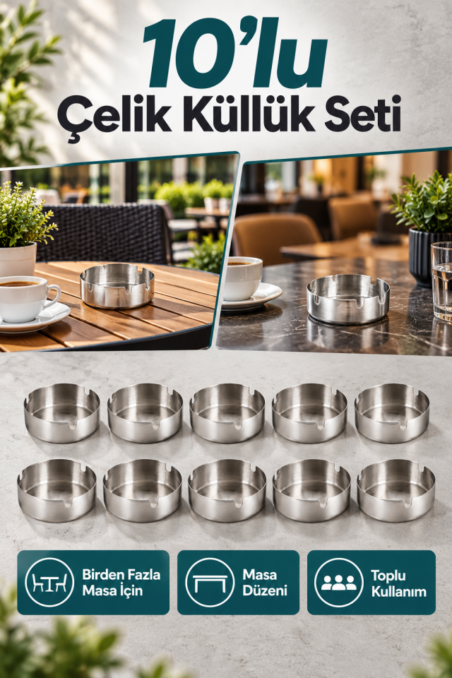 Mucit Home Küllük Metal Küllük Paslanmaz Çelik 10 Lu Kül Tablası Küllük Seti