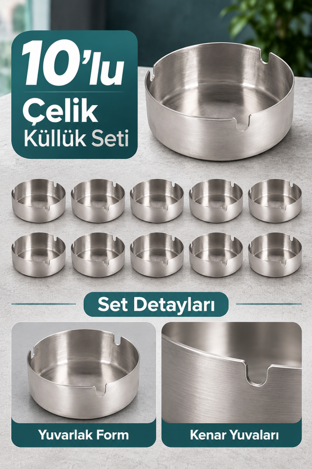 Mucit Home Küllük Metal Küllük Paslanmaz Çelik 10 Lu Kül Tablası Küllük Seti