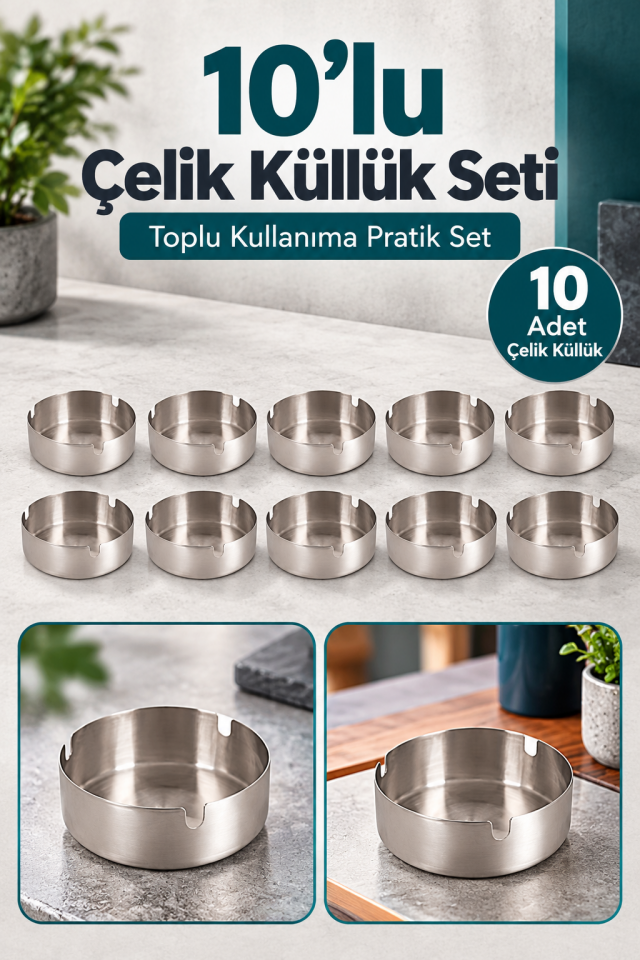 Mucit Home Küllük Metal Küllük Paslanmaz Çelik 10 Lu Kül Tablası Küllük Seti