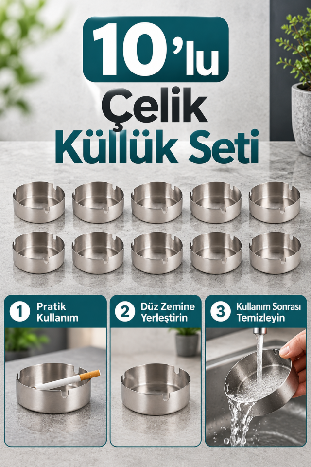 Mucit Home Küllük Metal Küllük Paslanmaz Çelik 10 Lu Kül Tablası Küllük Seti