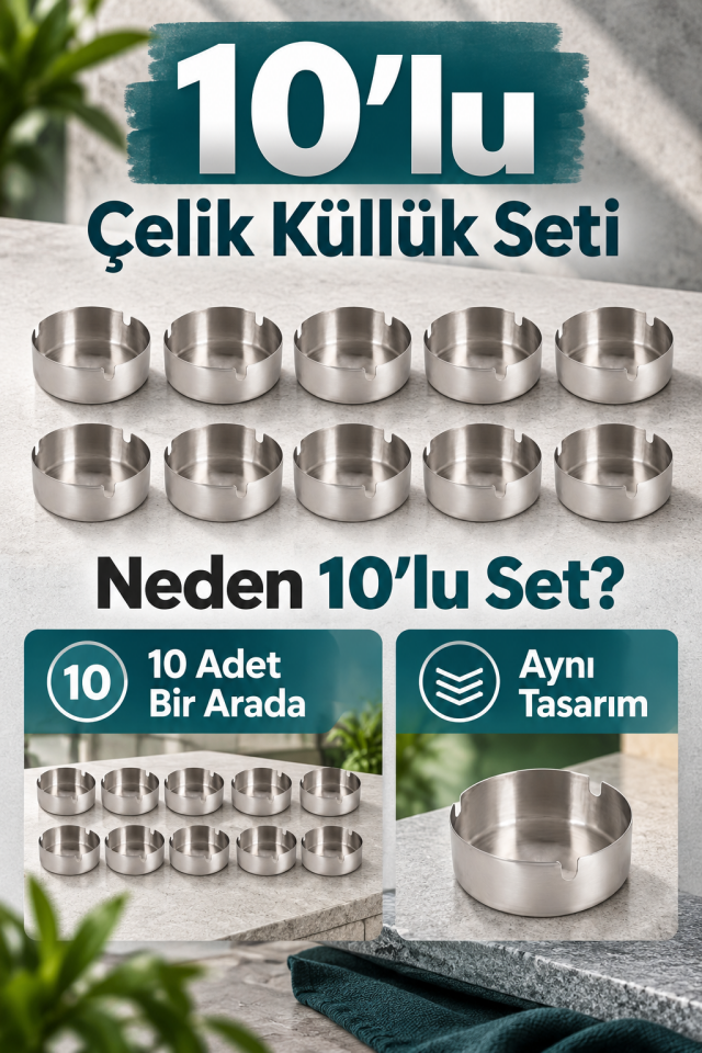 Mucit Home Küllük Metal Küllük Paslanmaz Çelik 10 Lu Kül Tablası Küllük Seti