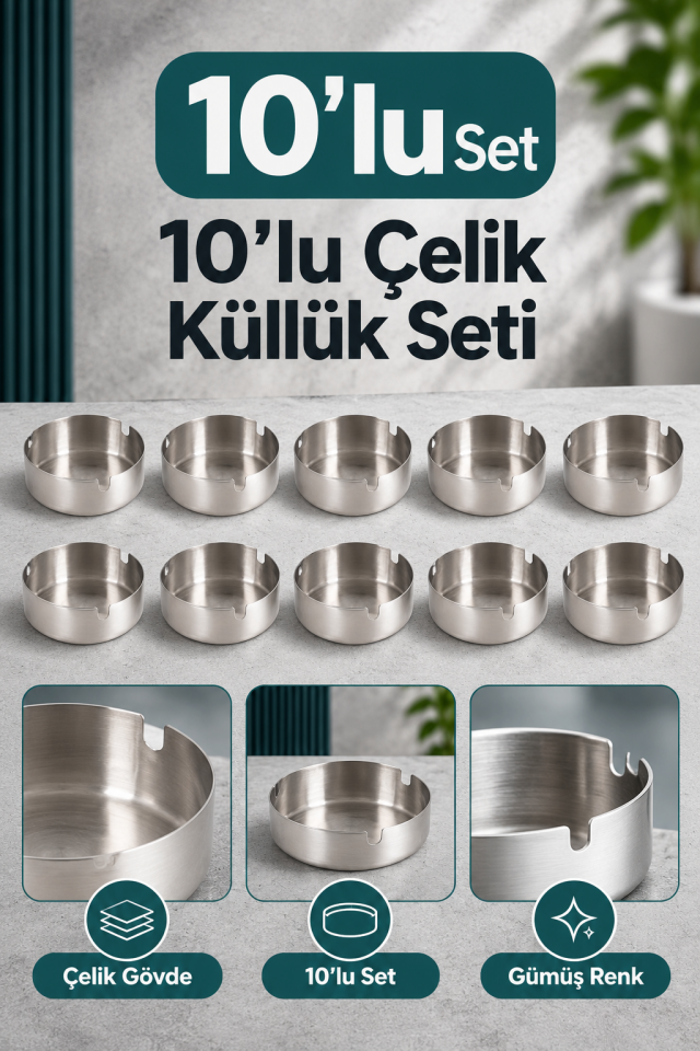 Mucit Home Küllük Metal Küllük Paslanmaz Çelik 10 Lu Kül Tablası Küllük Seti