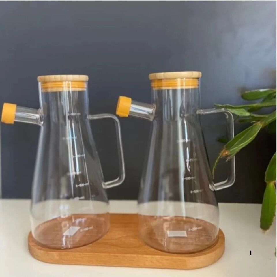 Mucit Home Bambu Yağdanlık Standı Doğal Ahşap 2 Bölmeli Yağdanlık Altık