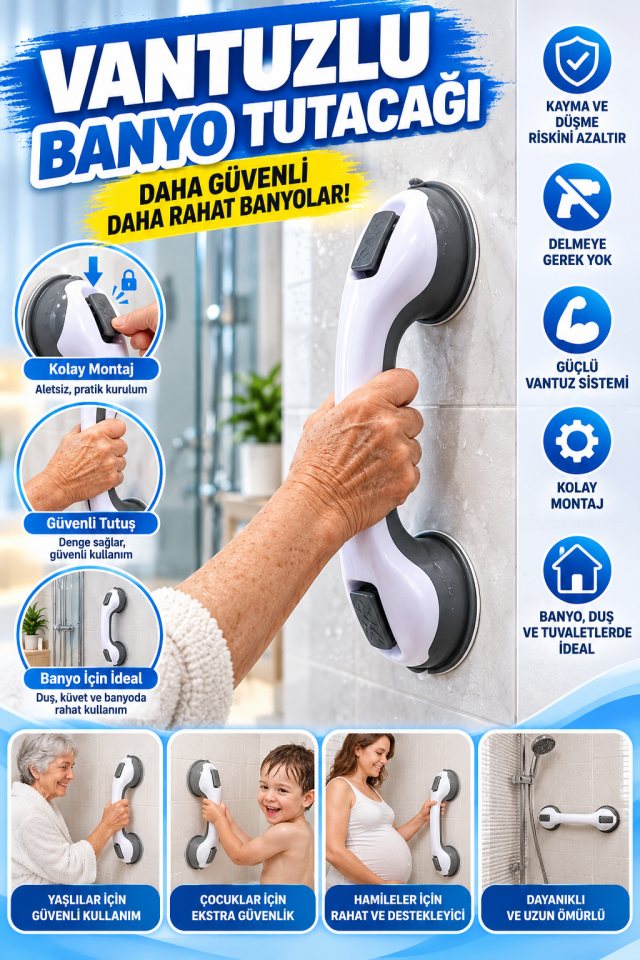 Mucit Home Vantuzlu Banyo Wc Tutacağı Hamile Çocuk ve Yaşlılara Uygun Vantuzlu Destek