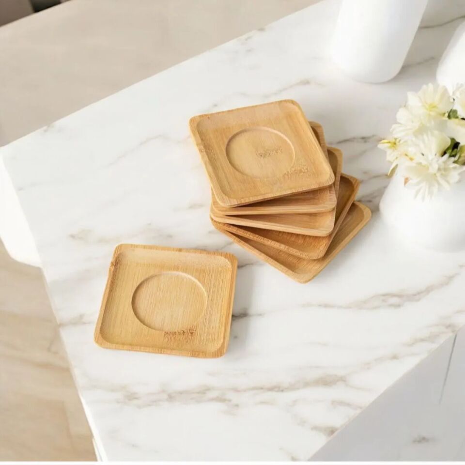 Mucit Home 6'lı Bambu Çay Tabağı Seti,Kare Bambu Çay Bardağı Altlığı