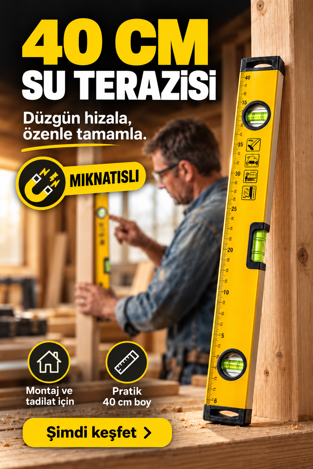 Mucit Home 40 Cm Su Terazisi Yüksek Kalite Mıknatıslı Su Terazisi 40 cm Yatay Dikey Ölçüm  Aliminyum