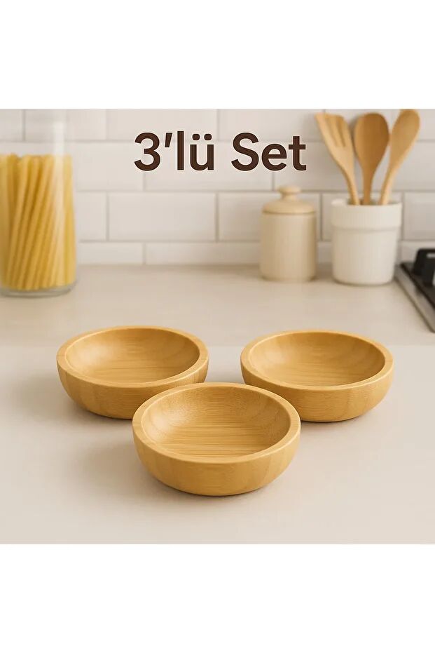 Mucit Home Yuvarlak Ahşap-Bambu Çerezlik 3 Adet