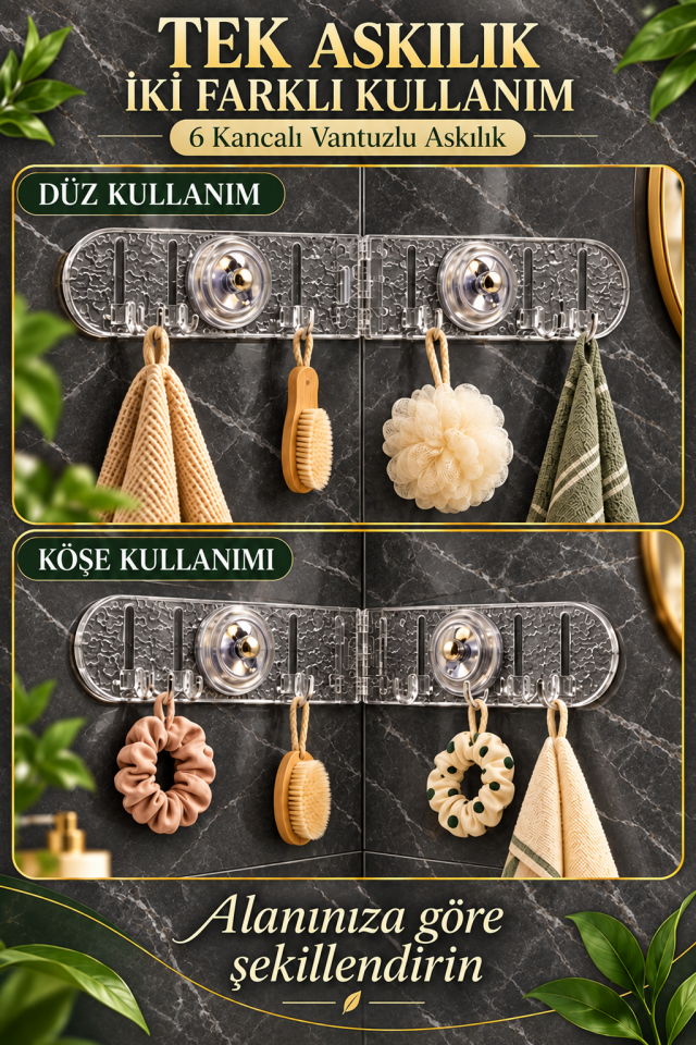 Mucit Home 6 Kancalı Yapışkan Vantuzlu Askılık – Düz ve Köşe Kullanımlı Mutfak Banyo Düzenleyici