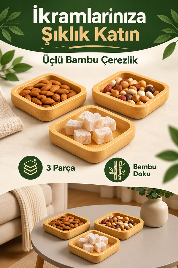 Mucit Home Bambu 3'lü Kare Çerezlik Reçellik Lokumluk