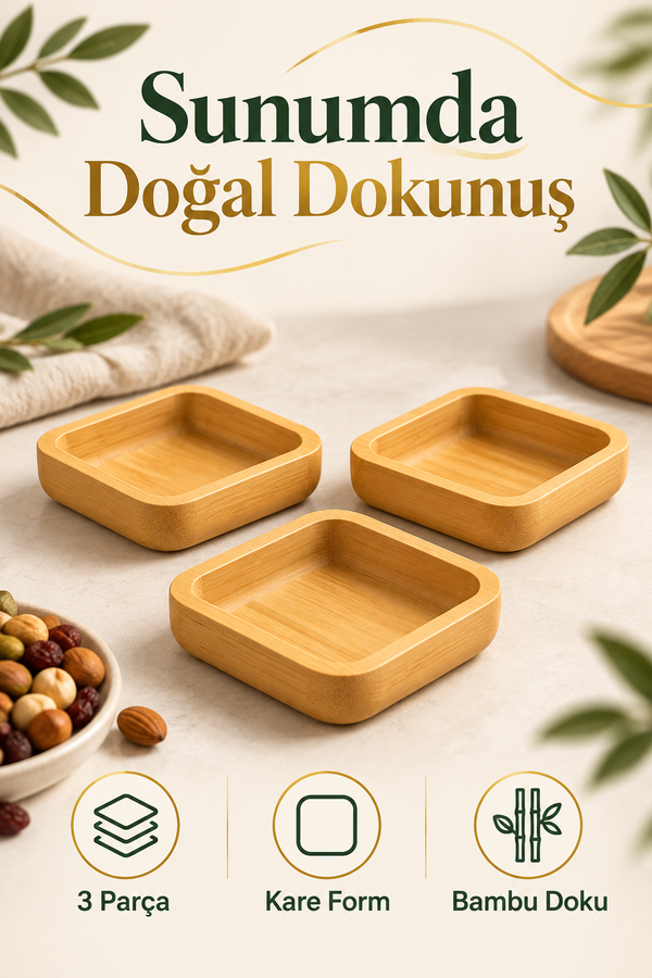 Mucit Home Bambu 3'lü Kare Çerezlik Reçellik Lokumluk